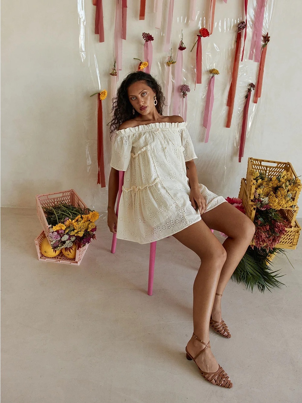 Sabo Skirt White Off-Shoulder Eyelet Mini Dress